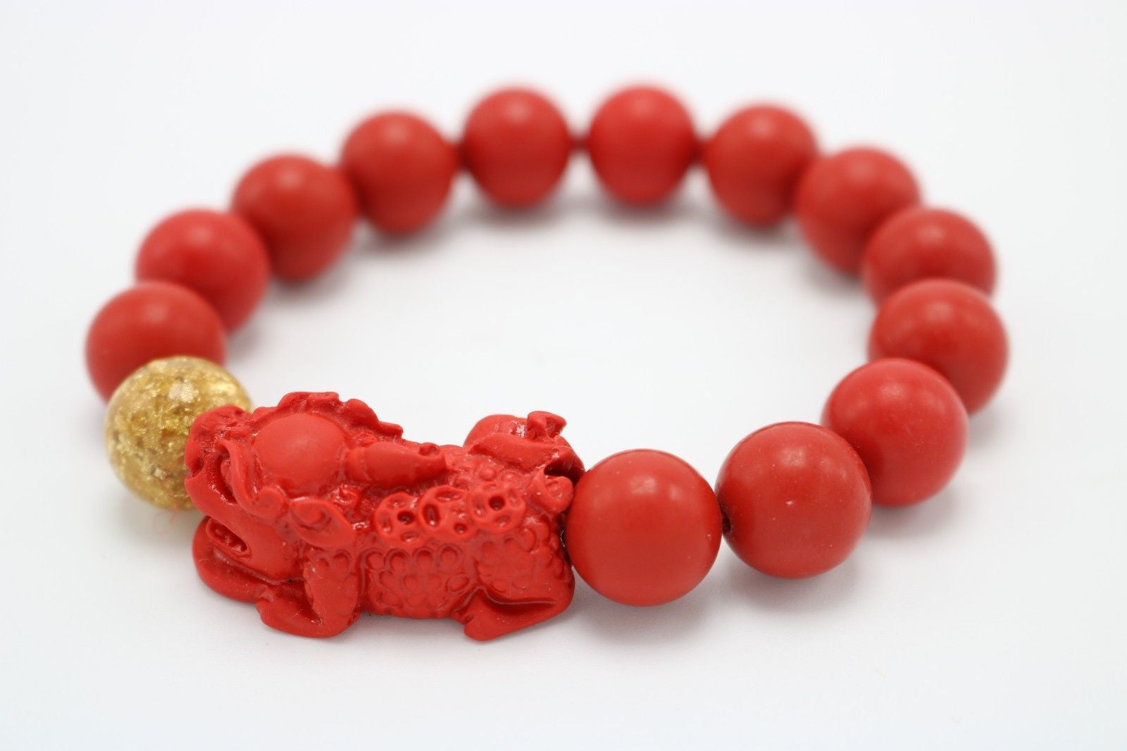 Beautiful Cinnabar Red Colored Wooden Bracelet Foo Dog Gold Ball Bead Asian Style Furnishing