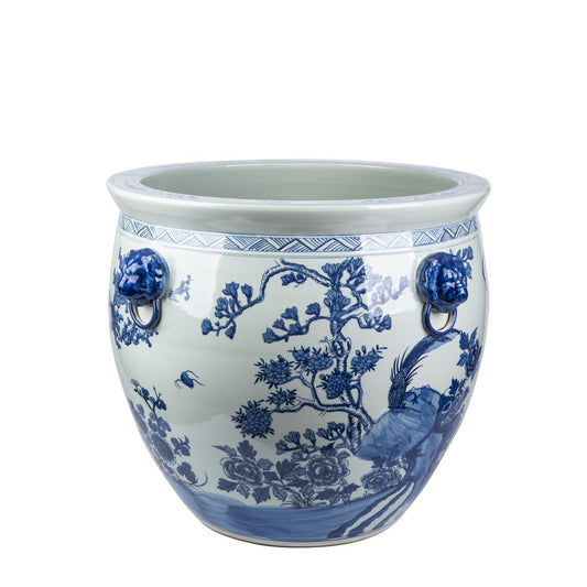 Blue And White Porcelain Magnolia Pheasant Planter Lion Handle