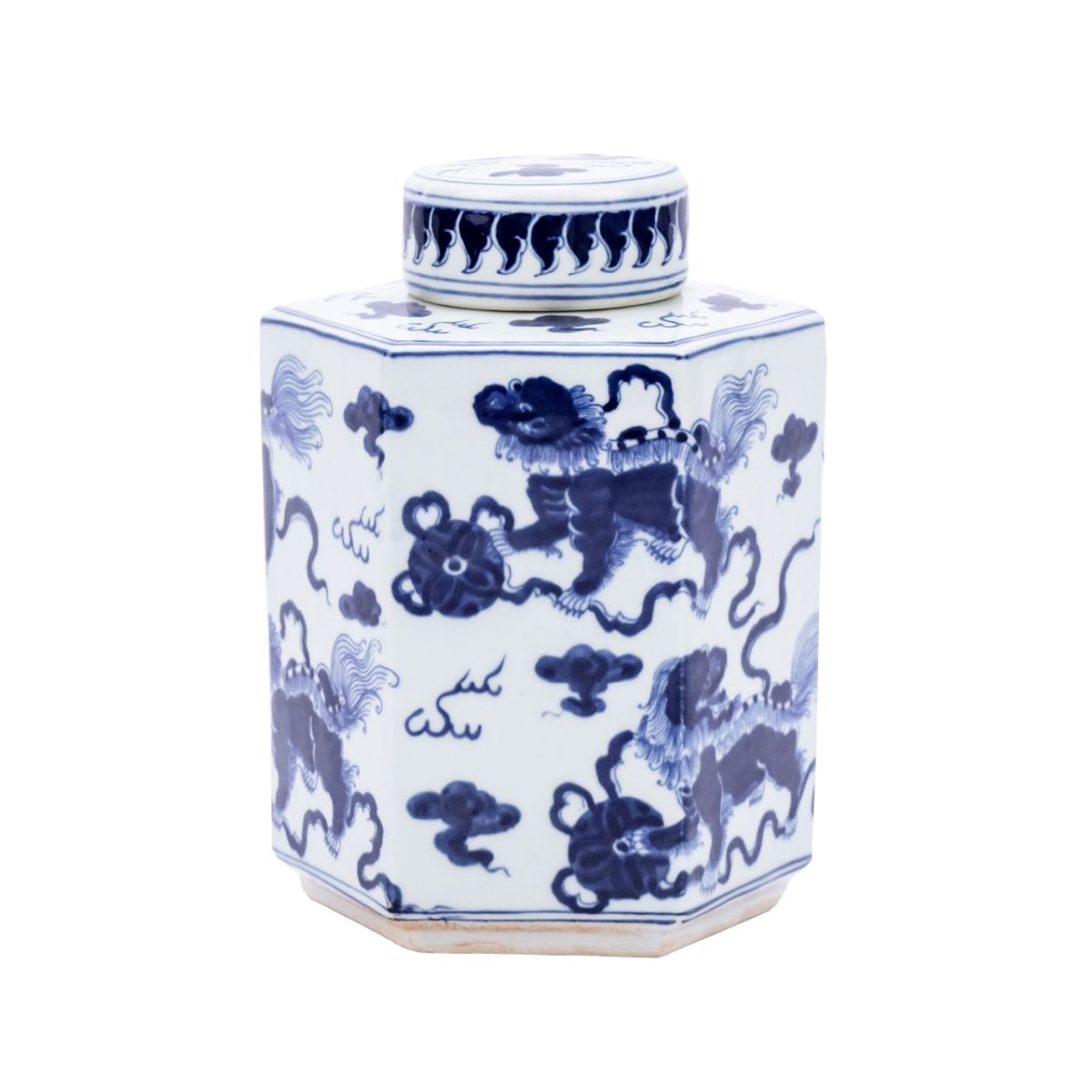 B&W Lion Hexagonal Porcelain Tea Jar 12"