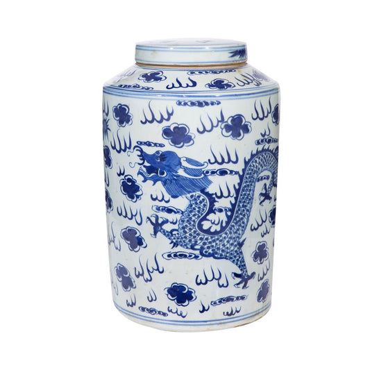 Blue and White Large Tea Jar Dragon  Motif