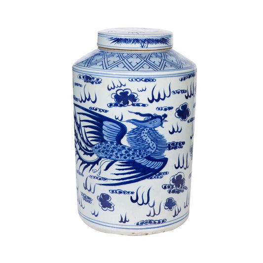 Blue and White Large Tea Jar Pheonix Motif