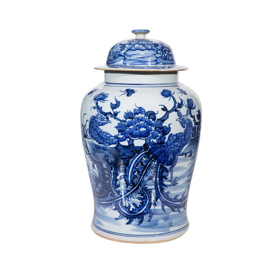 Blue and White Dynasty Temple Jar Floral Birds 18"