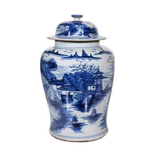 Blue and White Dynasty Temple Jar Landscape 18"