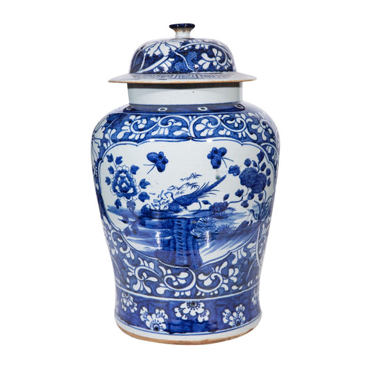 Blue and White Dynasty Temple Jar Floral Bird Panel Motif 18"