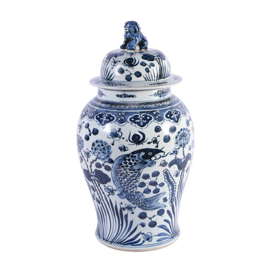 B&W Fish Porcelain Temple Jar 24"