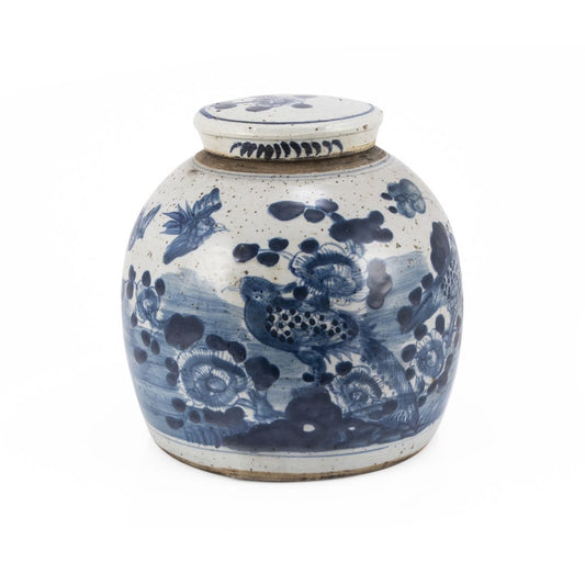 Blue & White Vintage Ginger Jar Flower Bird Motif - Small