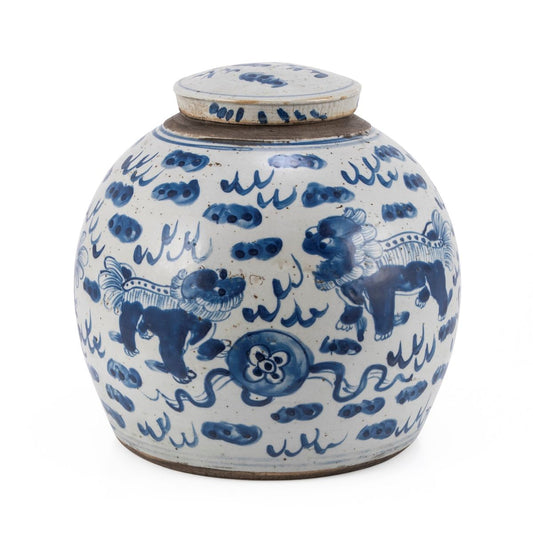 Blue & White Vintage Ginger Jar Lion Motif - Large