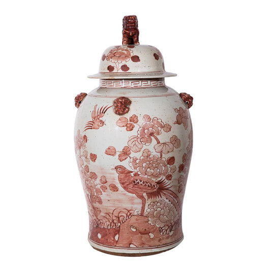 Rustic Maroon Red Flower Bird Porcelain Temple Jar 24"