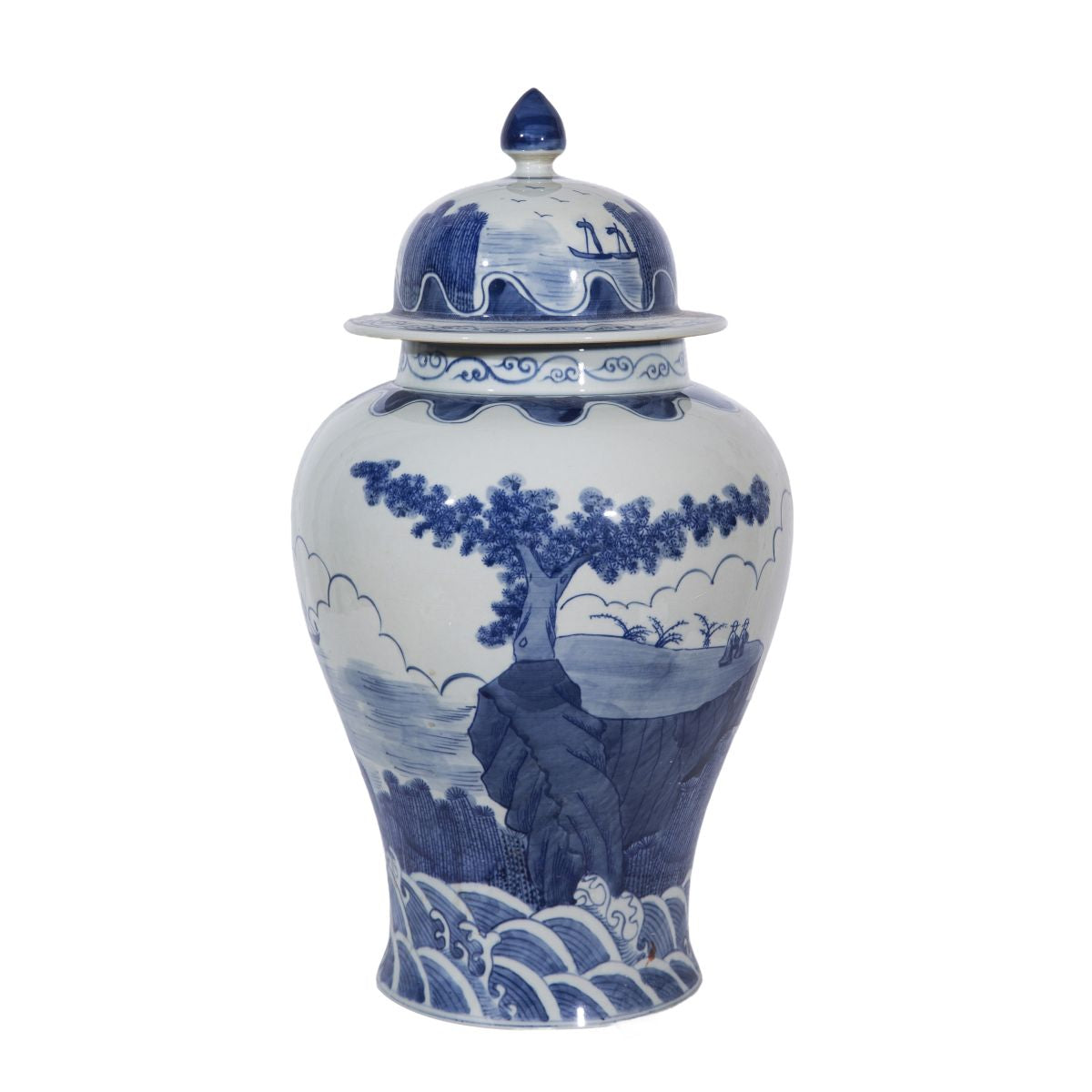 Blue And White Sail Boat Temple Jar 18"