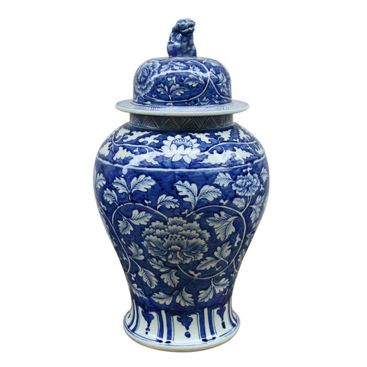 Blue And White Peony Temple Jar Foo Dog Lid 20"