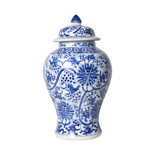 Blue and White Peacock Lotus Porcelain Temple Jar