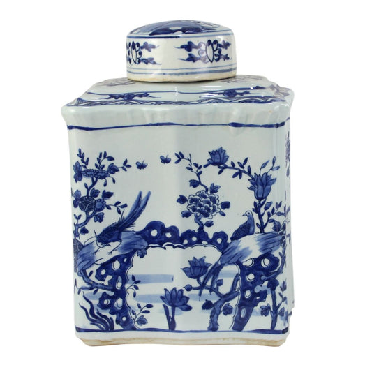 Blue And White Curved Tea Jar Bird Floral Design