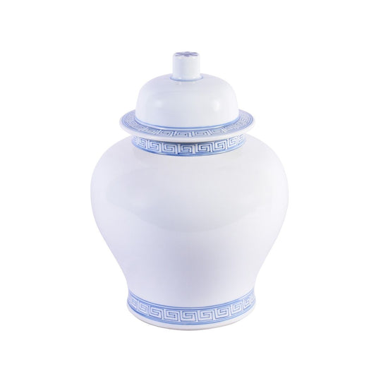 Blue & White Porcelain Temple Jar With Greek Key Trim 16"