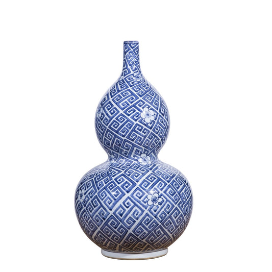 Blue & White Greek Key Porcelain Gourd Vase