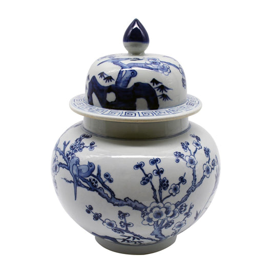 Blue & White Flower Bird Ginger Jar 14"