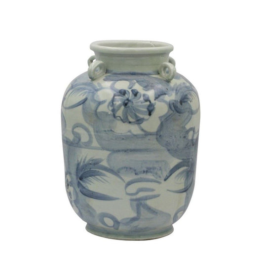 Blue And White Four Loop Handle Porcelain Jar Twisted Flower Motif