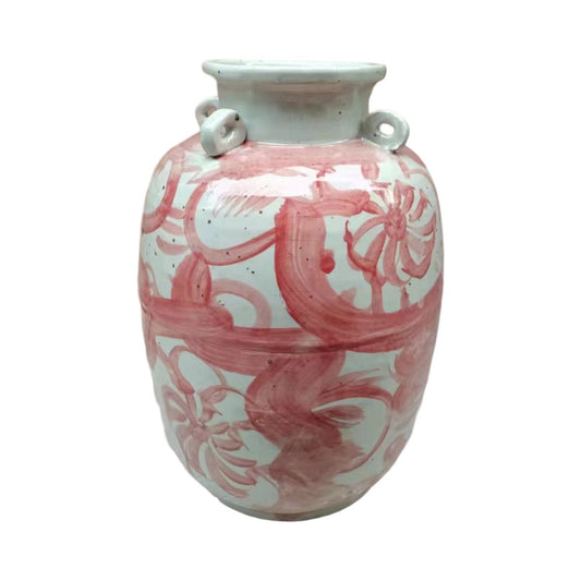 Coral Red Four Loop Handle Jar Twisted Flower Motif