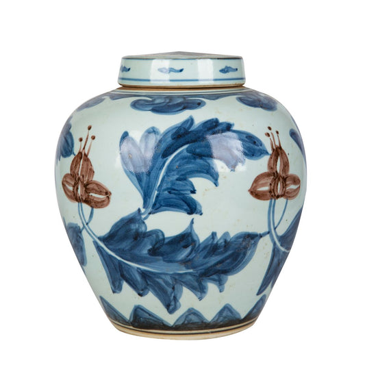 Ashley Blue & White Moka Flower & Leaf Porcelain Ming Jar 11"