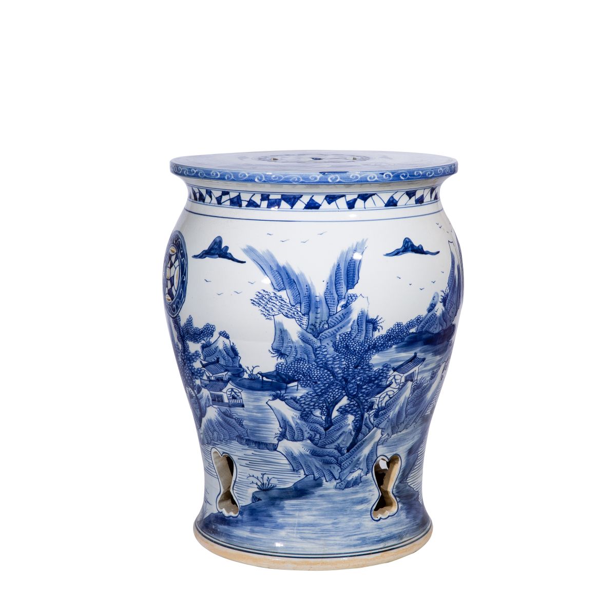 Blue and White River Village Drum Porcelain Garden Stool