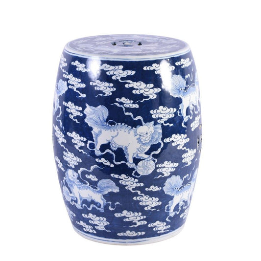 Blue and White Porcelain Garden Stool With White Lion Motif -