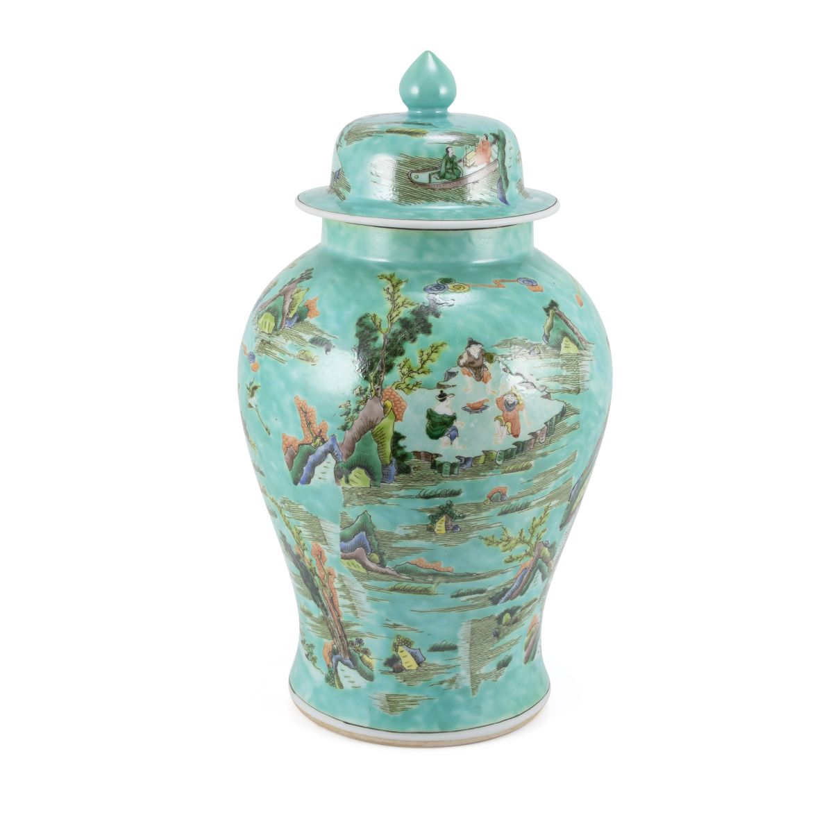 Chinoiserie Green Landscape Porcelain Temple Jar 18"