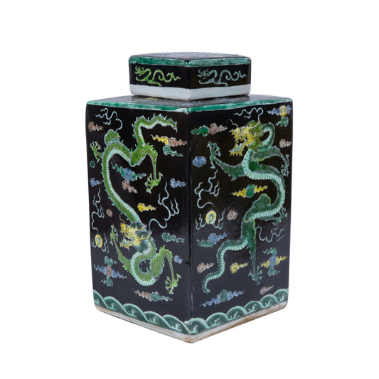 Black Square Tea Jar Dragon Motif