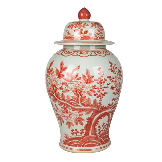 Coral Red Peony Plum Porcelain Temple Jar Large 22"