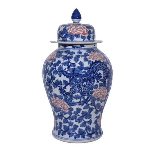 Blue and White, Red Peony Porcelain Temple Jar 19"