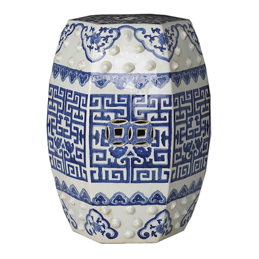 Blue and White Hex Geometric Porcelain Garden Stool