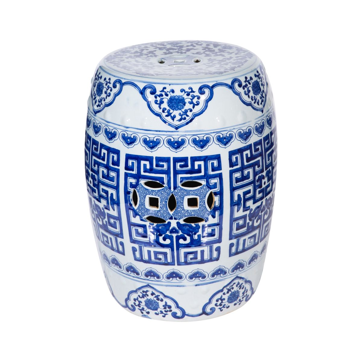 Blue and White Round Geometric Garden Stool