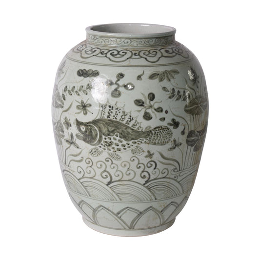 Black Fish Open Top  Porcelain Jar