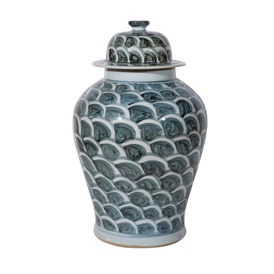 Rusty Blue and White Fish Scale Porcelain Temple Jar 18"