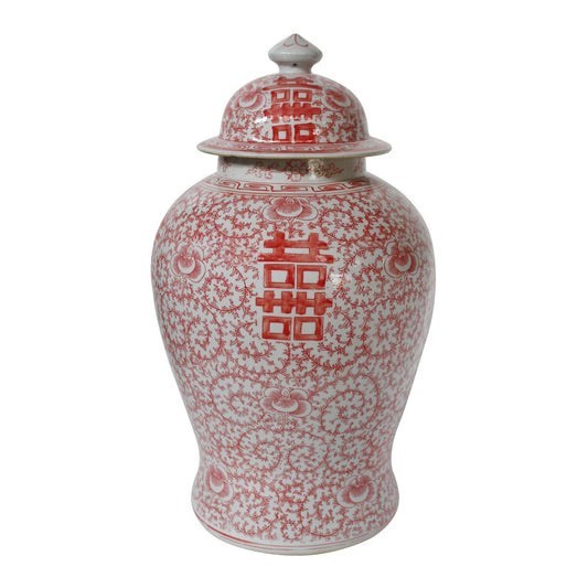 Red and White Double Happiness Floral Temple Jar 20"