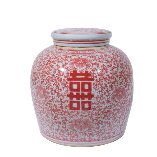 Red Double Happiness Floral Porcelain Ginger Jar 9"