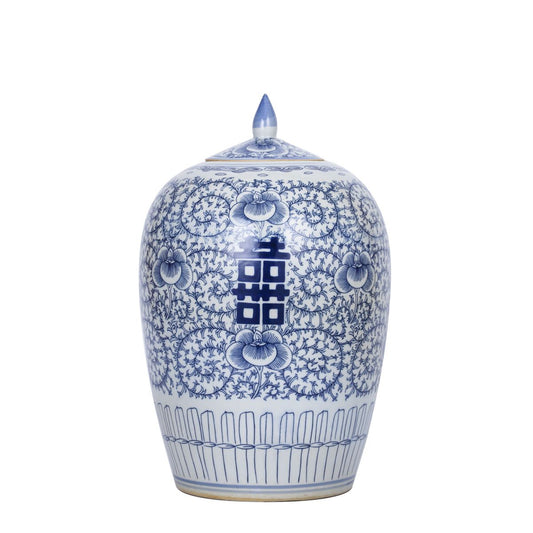 Blue And White Porcelain Floral Double Happiness Ginger Jar