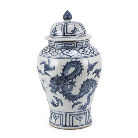 Blue And White Small Porcelain Temple Jar With Dragon 15.5"