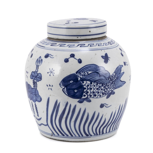 Blue And White Ginger Jar FIsh Motif