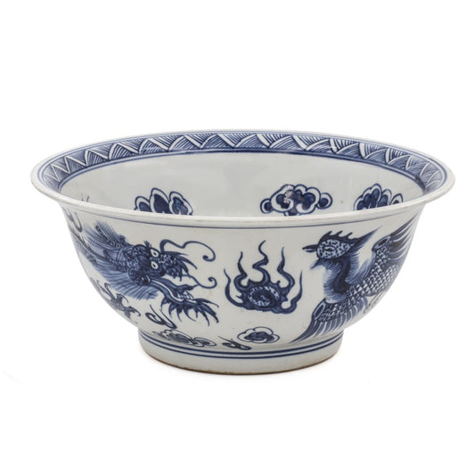 Blue And White Dragon Phoenix Bowl 16" Diameter