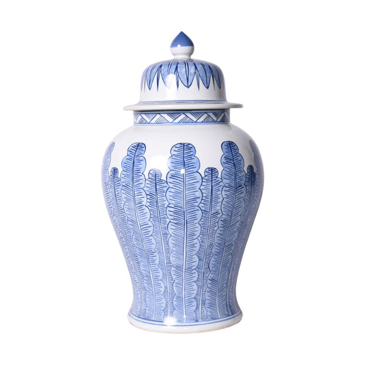 Blue And White Porcelain Temple Jar Banana Leaf Motif 18"