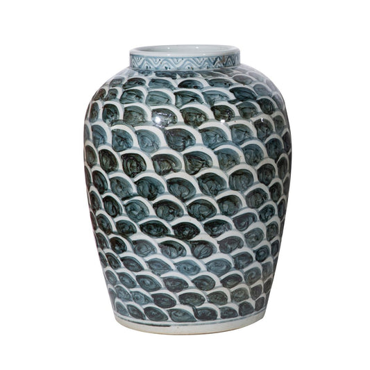 Rusty Blue and White Jar With Fish Scale Pattern - Small