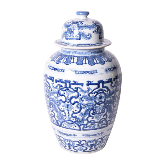 Blue and White Grass Dragon Porcelain Temple Jar 20.5"