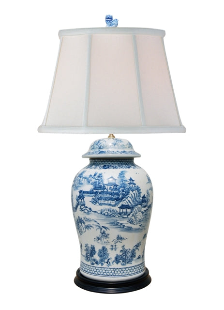 Beautiful Chinese Blue and White Blue Willow Porcelain Temple Jar Table Lamp 35"