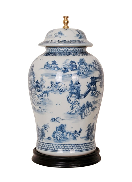 Beautiful Chinese Blue and White Blue Willow Porcelain Temple Jar Table Lamp 35"