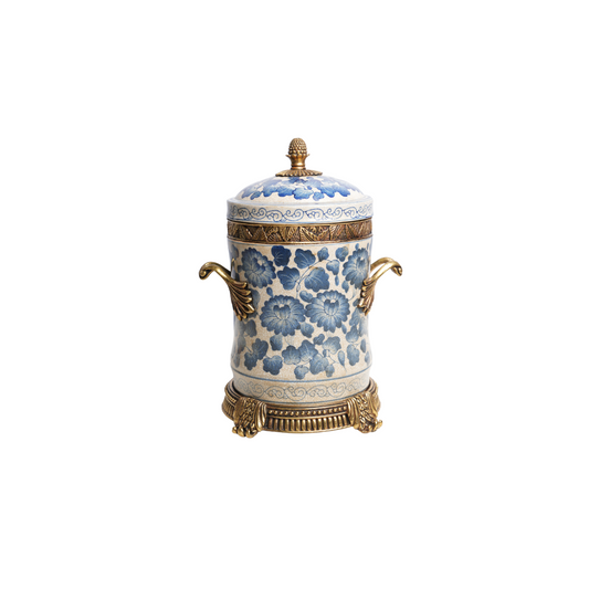 Blue and White Porcelain Floral Motif Cannister Jar Brass Ormolu Accents 12"