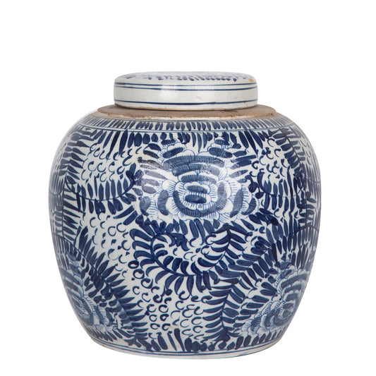 Blue and White Feathered Porcelain Ginger Jar