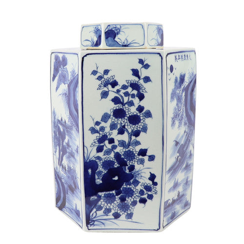 Blue And White Hex Village Flower Jar