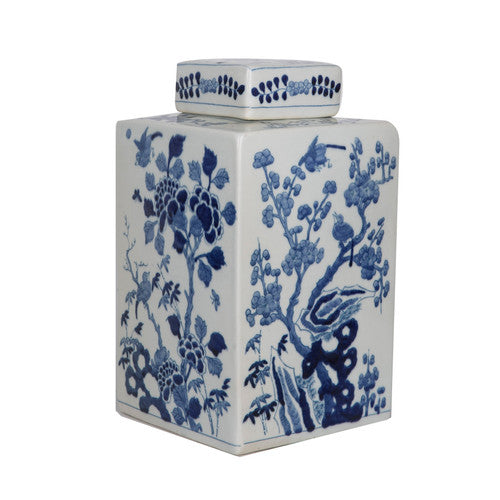 Blue And White Porcelain Square Tea Jar Bird Floral Motif