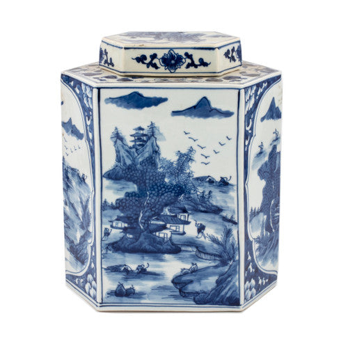 Blue And White Flat Hex Jar River Village Scene