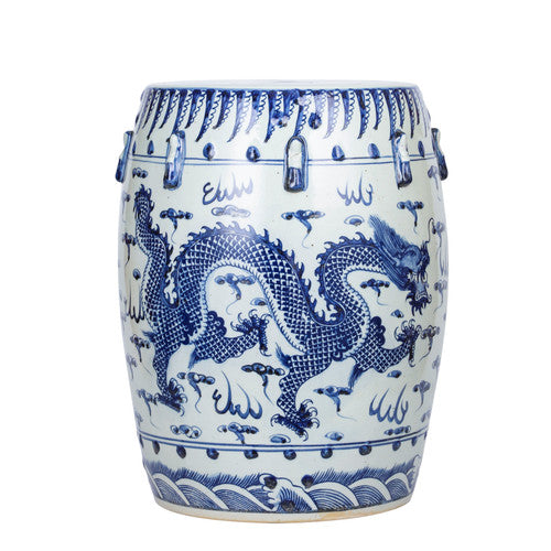 Blue And White Porcelain Garden Stool Dragon Motif