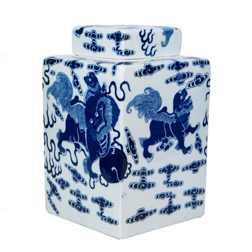 Blue And White Foo Dog Square Porcelain Tea Jar